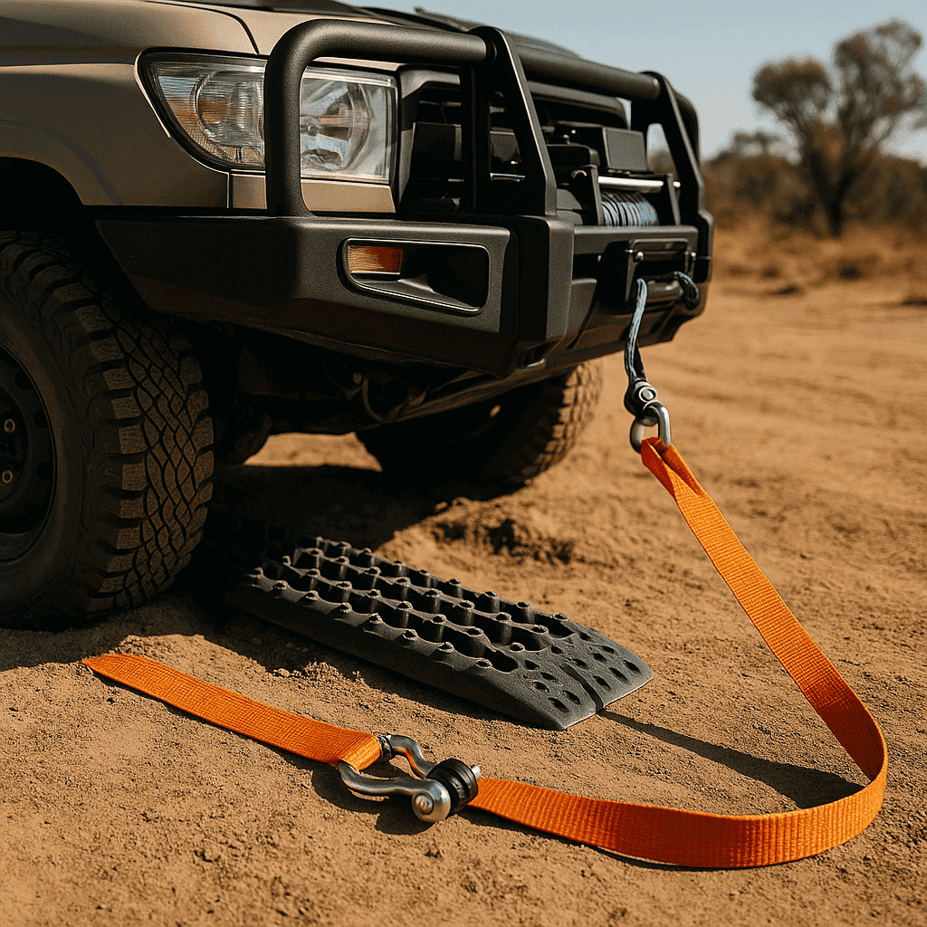 Assortment of RoamAU 4WD recovery tracks, winches, and snatch straps on display for off-roading