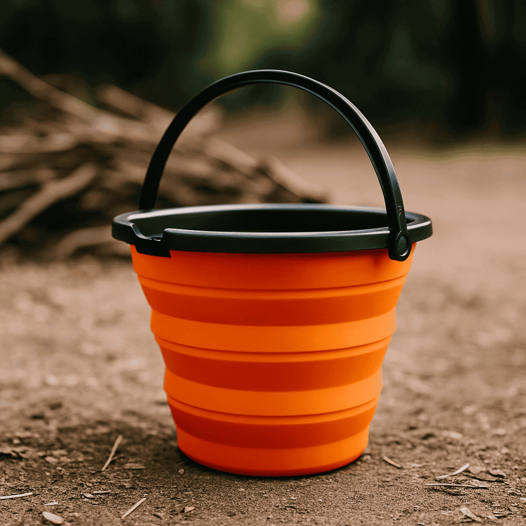 Durable RoamAU camp bucket used for collecting water at a campsite