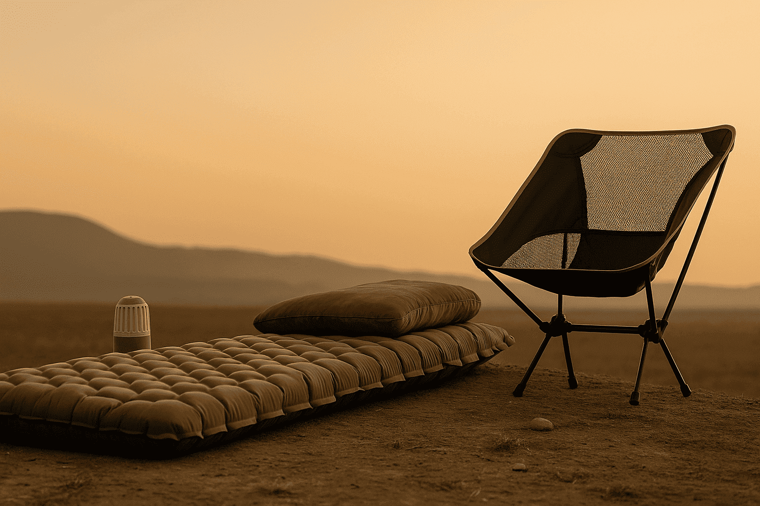 “A peaceful campsite at sunset featuring a comfortable inflatable mattress, lantern lighting, and camping chairs set up beside a pitched tent in a scenic natural setting.”