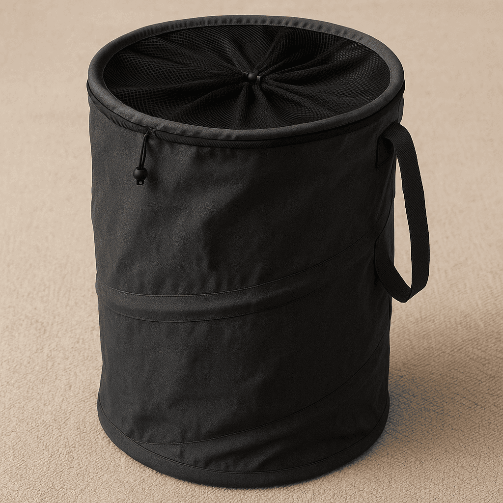 A photograph features a collapsible dark gray camping laundry hamper with a mesh drawstring top and side carry handle, set on a beige textured surface.