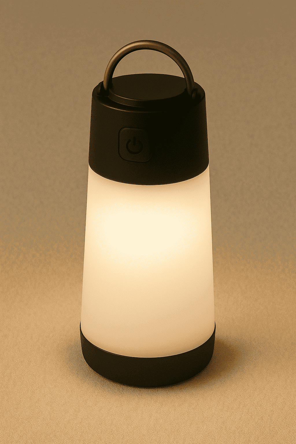 A photograph depicts a portable LED lantern standing on a beige textured surface, featuring a white cylindrical body, black top and base, an orange metal handle, and a soft warm glow.