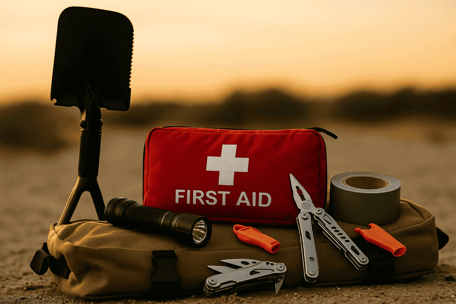 A high-resolution photograph captures an array of essential camping tools and safety gear—first aid kit, multi-tool, flashlight, shovel, and duct tape—neatly arranged on a canvas bag at sunset in a desert-like outdoor setting