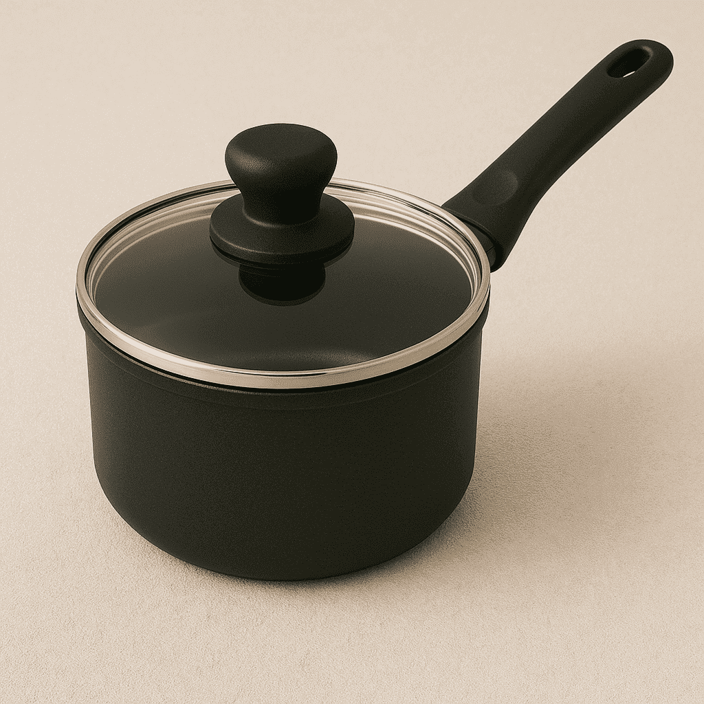 A photograph features a black non-stick saucepan with a transparent glass lid and ergonomic handle, placed on a beige textured surface.