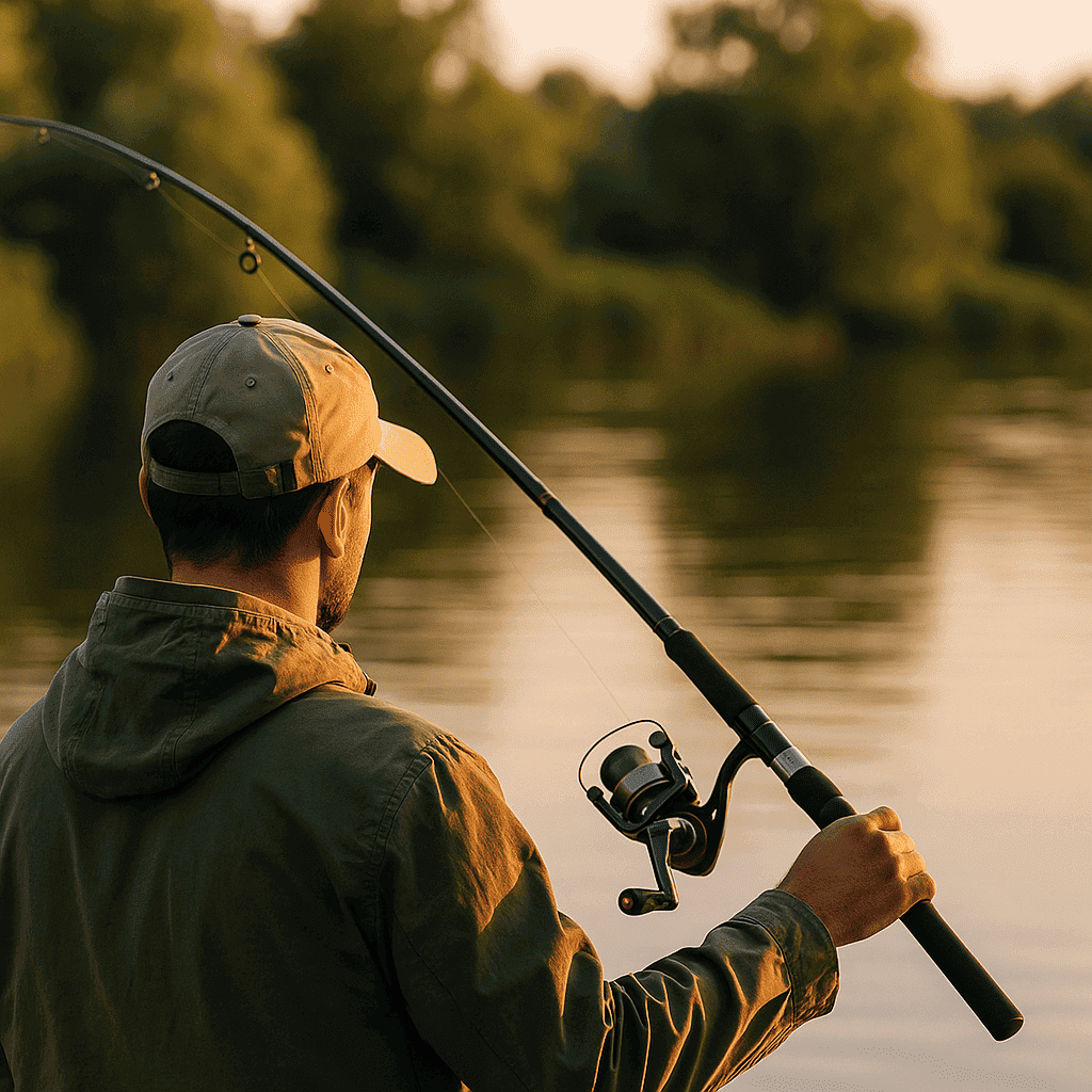Person fishing on a scenic Australian lake with RoamAU fishing gear, enjoying the outdoors