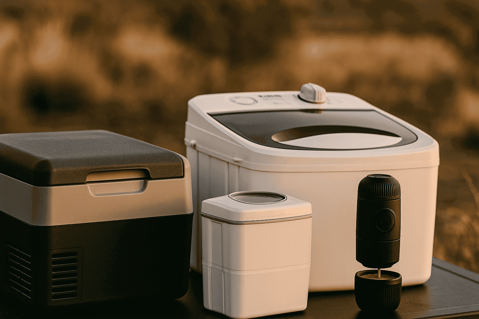 A photograph captures portable off-grid appliances including a compact cooler, a washing machine, a mini water purifier, and a portable coffee maker set on a table in an outdoor setting with a blurred dry grass background.
