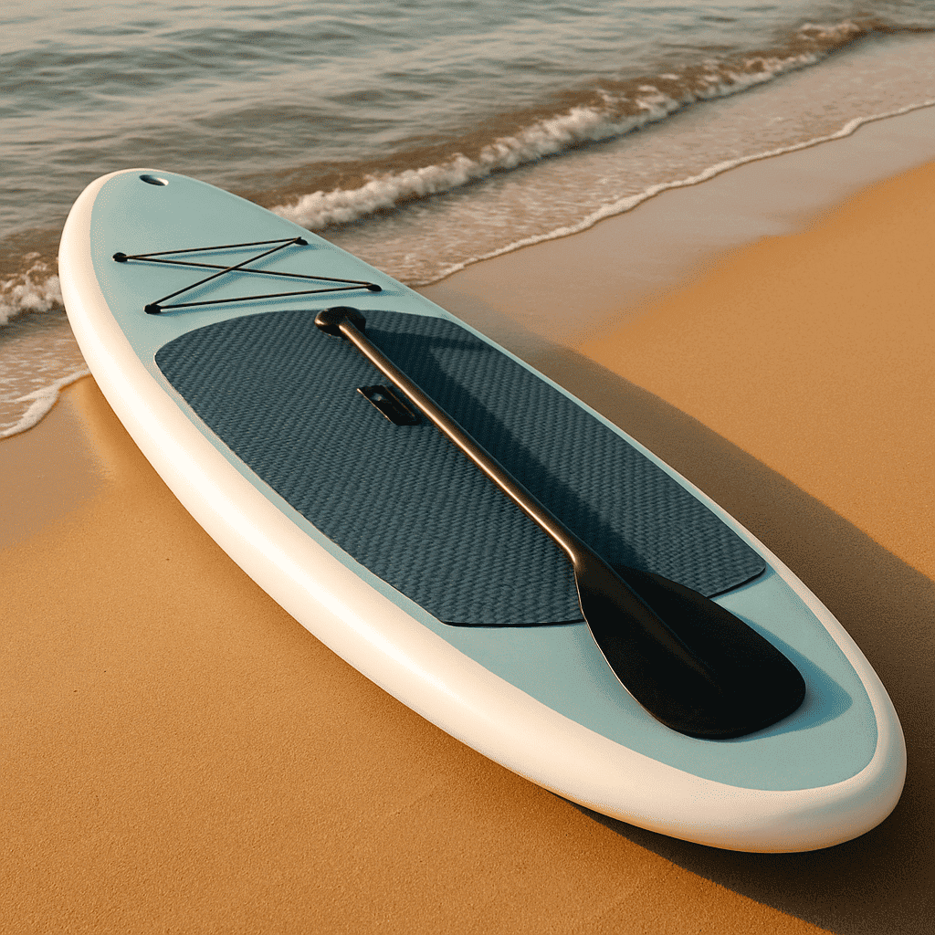 Person paddleboarding on calm Australian waters with a RoamAU board, enjoying the outdoors