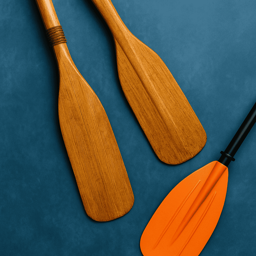 Various paddles and oars from RoamAU leaning against a boat, ready for a water adventure in Australia