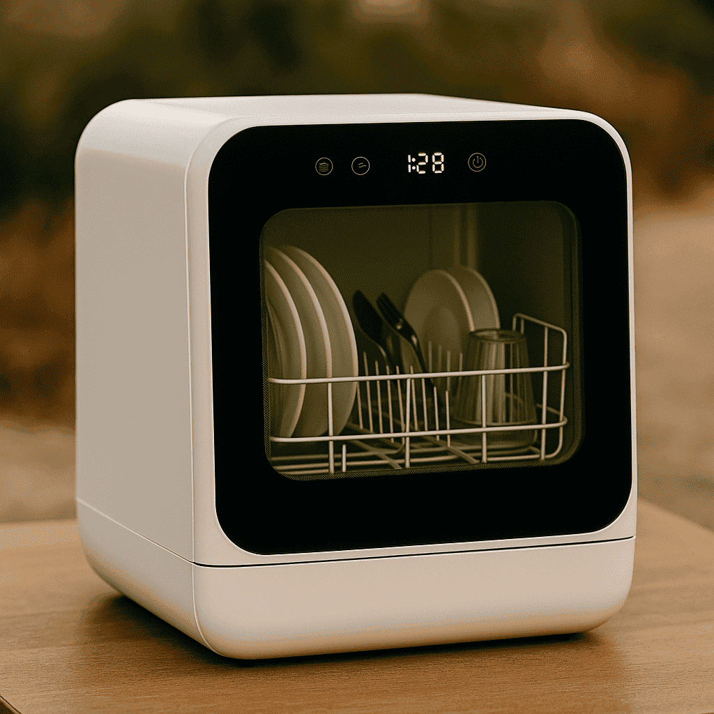 "A compact portable dishwasher with a transparent front panel showing dishes inside, set on a wooden surface outdoors."