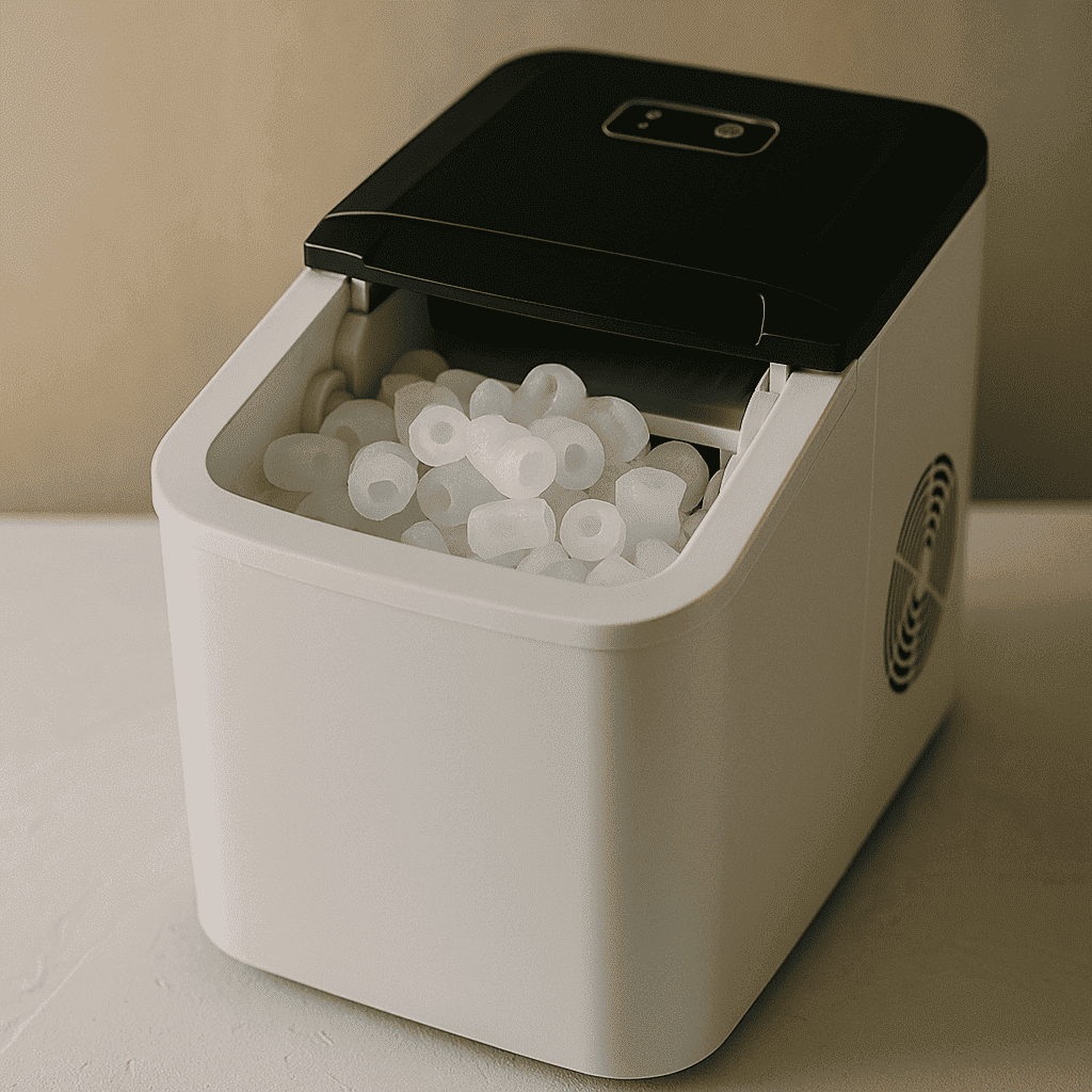 A digital photograph showcases a compact, modern portable ice maker filled with bullet-shaped ice cubes, placed on a neutral counter with soft ambient lighting