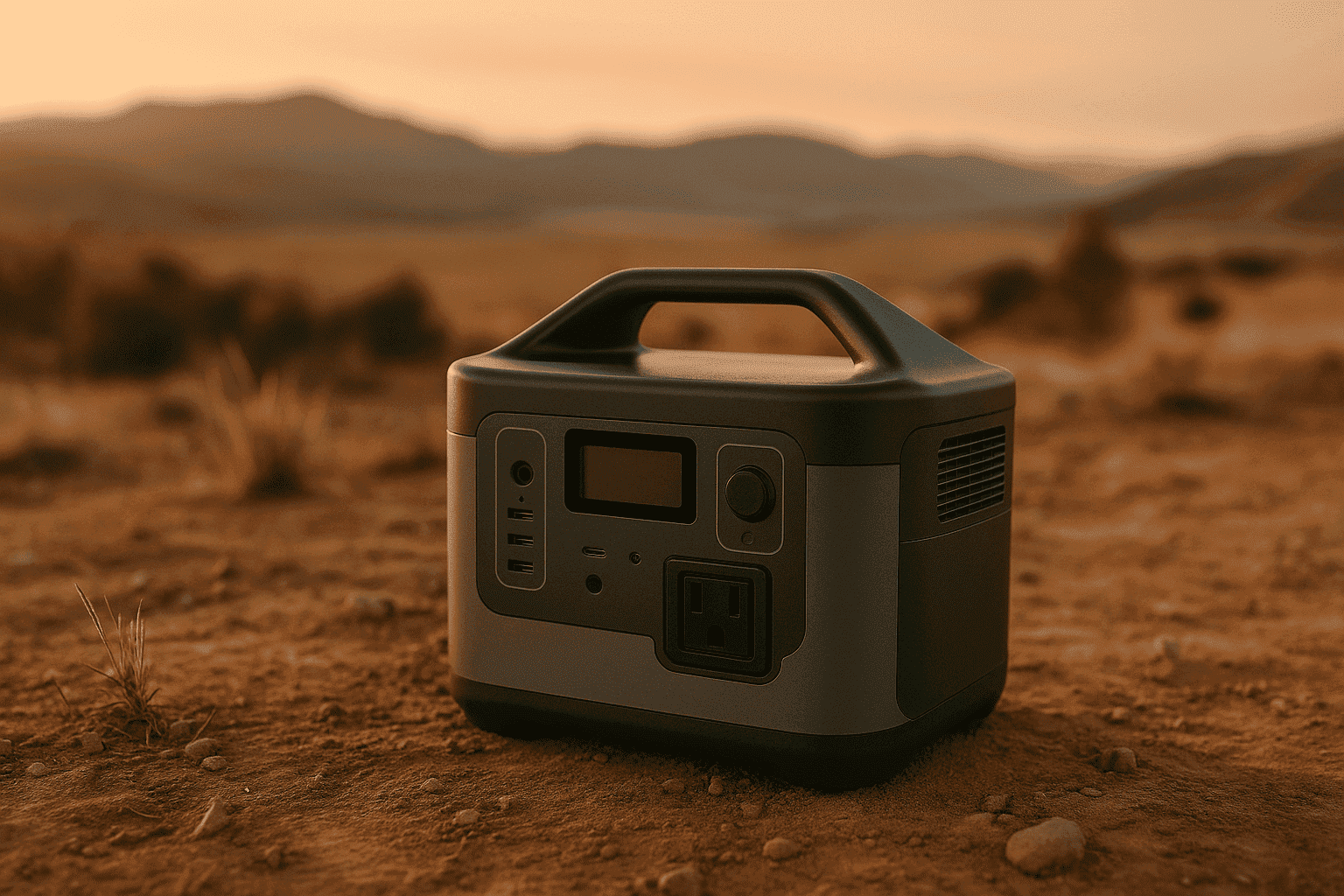 A portable power station resting on dry terrain at sunset, with hills in the background and soft golden lighting illuminating its compact, rugged design