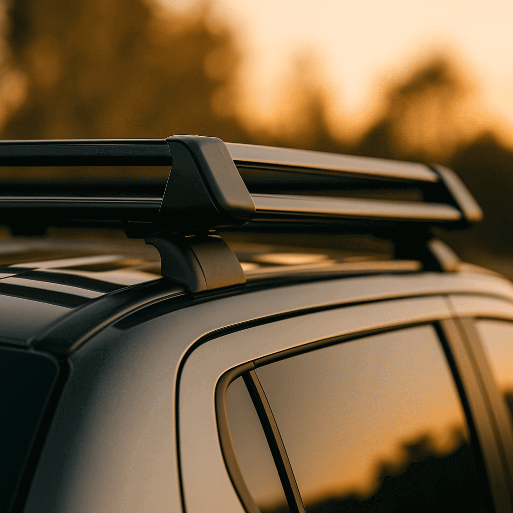 Close-up of a black roof rack and crossbar mounted on a modern SUV, highlighted in warm sunlight with a soft, blurred natural background.