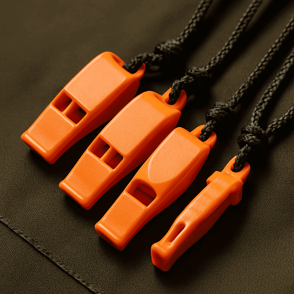 Durable plastic safety whistle for hiking, camping, and boating, essential survival gear