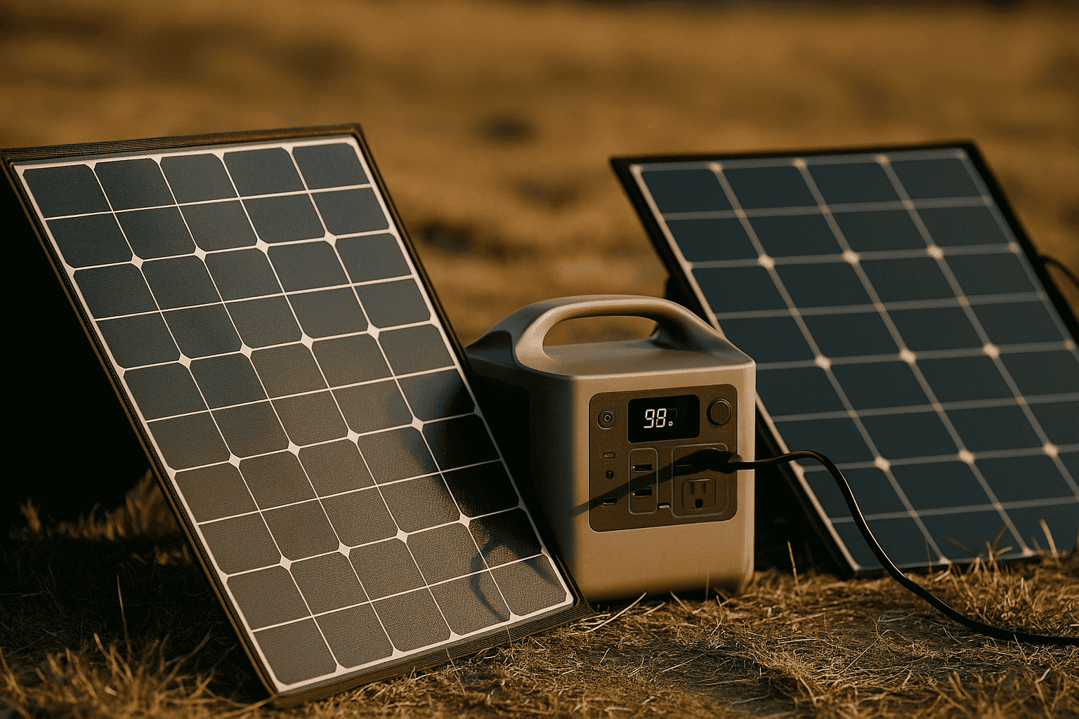"Two portable solar panels and a power station charging on dry grass in the afternoon sunlight."