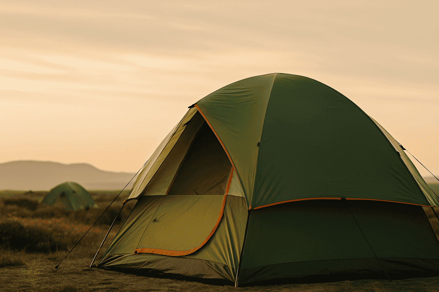 Green dome tent at sunset in a scenic outdoor setting, representing camping gear for RoamAU.
