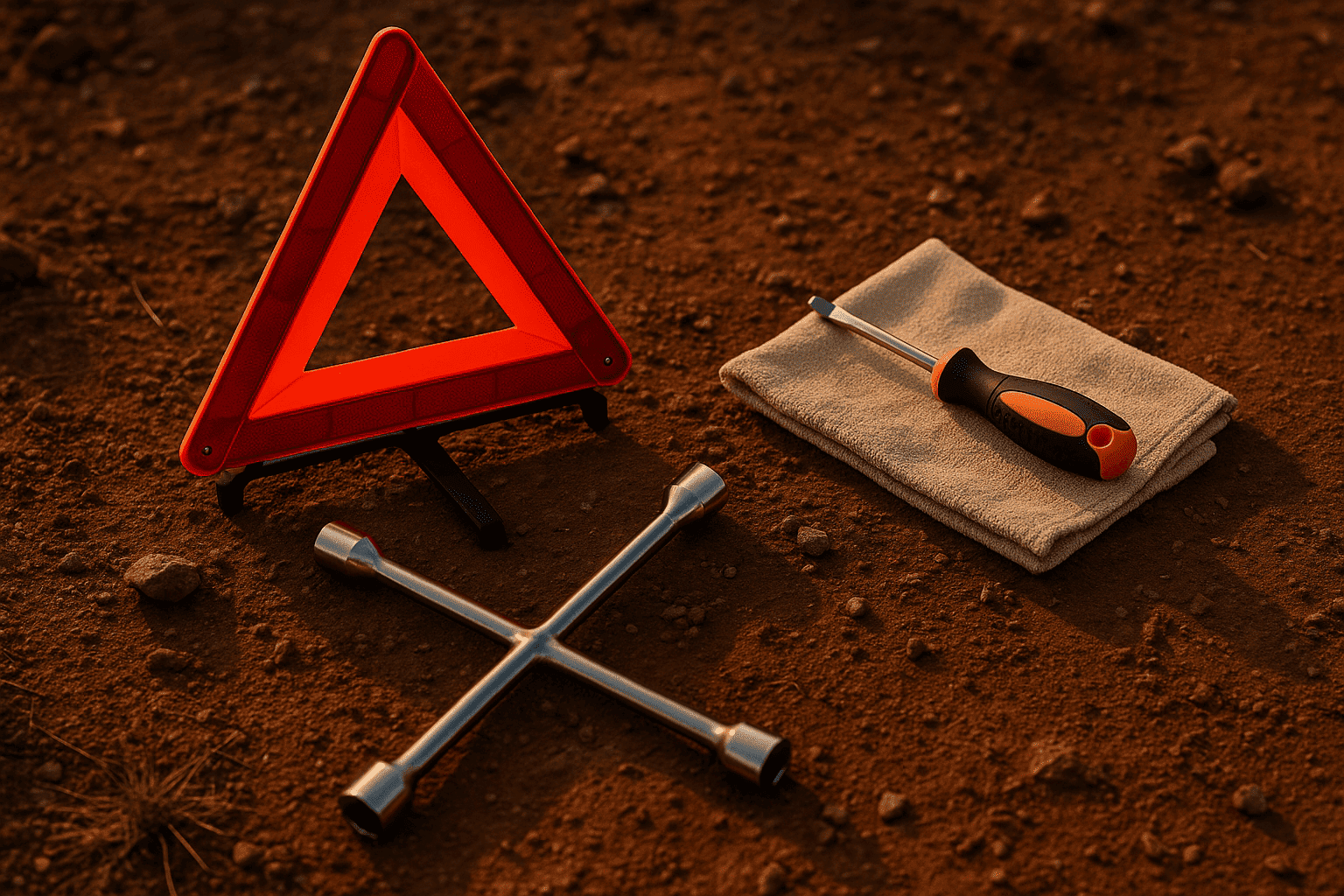 Safety and maintenance tools including a warning triangle, screwdriver, lug wrench, and cloth laid out on rugged terrain for vehicle emergencies