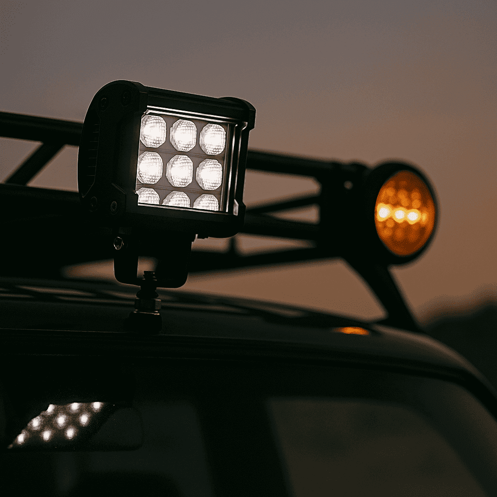 Close-up of LED and amber auxiliary lights mounted on a vehicle roof rack at sunset, designed for off-road exterior vehicle lighting.