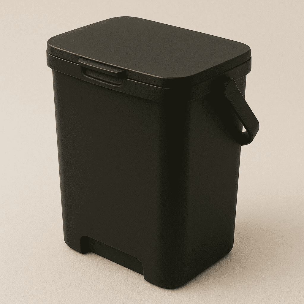 A digital photograph features a rectangular black kitchen bin with a matte finish, closed lid, side handle, and recessed base, set against a light beige background.