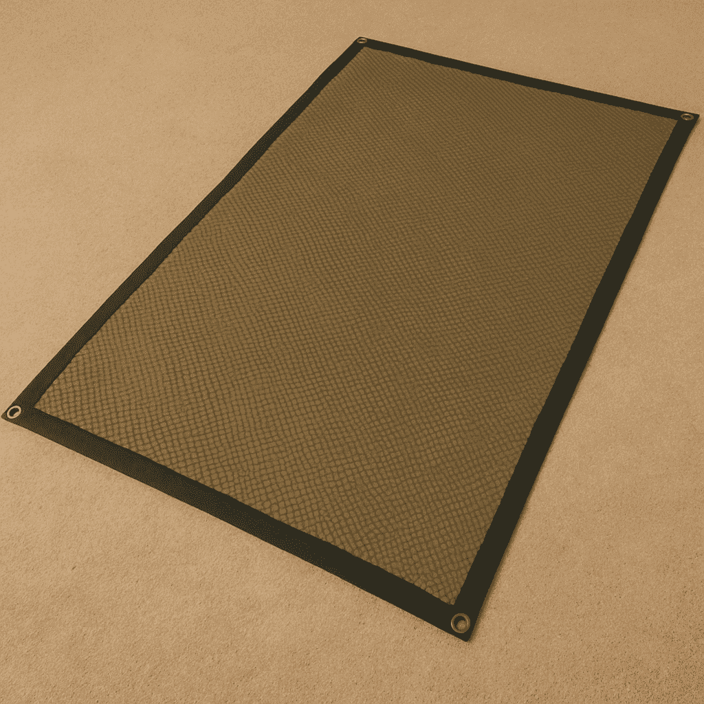 A photograph features a large rectangular outdoor mat with a brown-green diamond pattern, black border, and metal grommets on each corner, laid flat on a beige textured surface