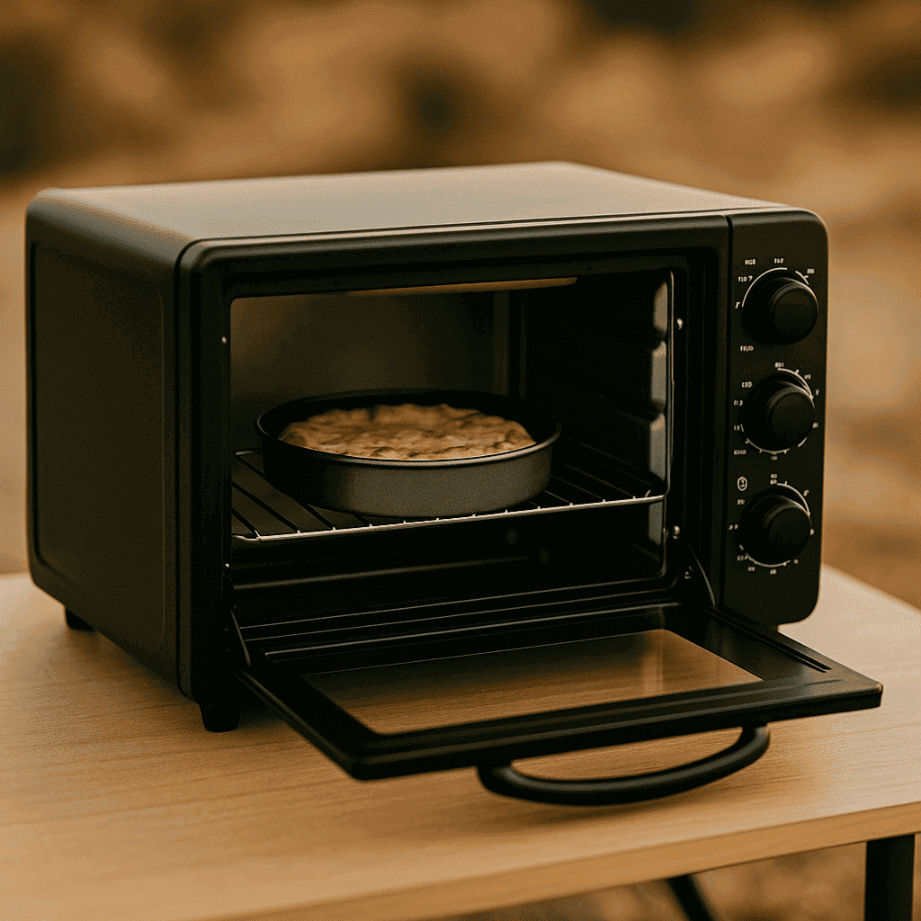 A photograph features a portable black toaster oven outdoors on a wooden table with a freshly baked dish inside, set against a natural, blurred background.