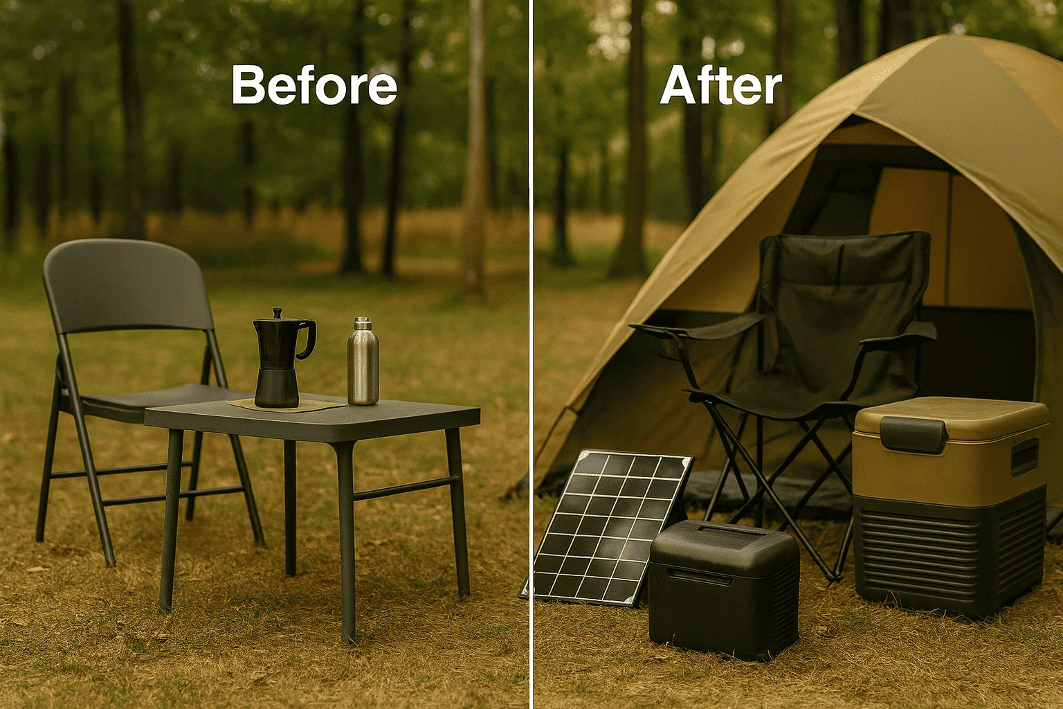Before and after comparison of camping setup with furniture and equipment.