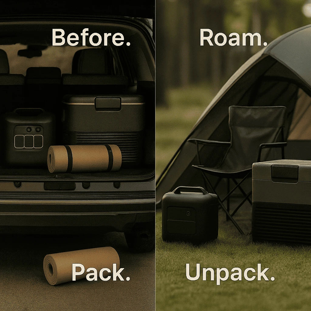 Before and after setup of camping gear with text labels.