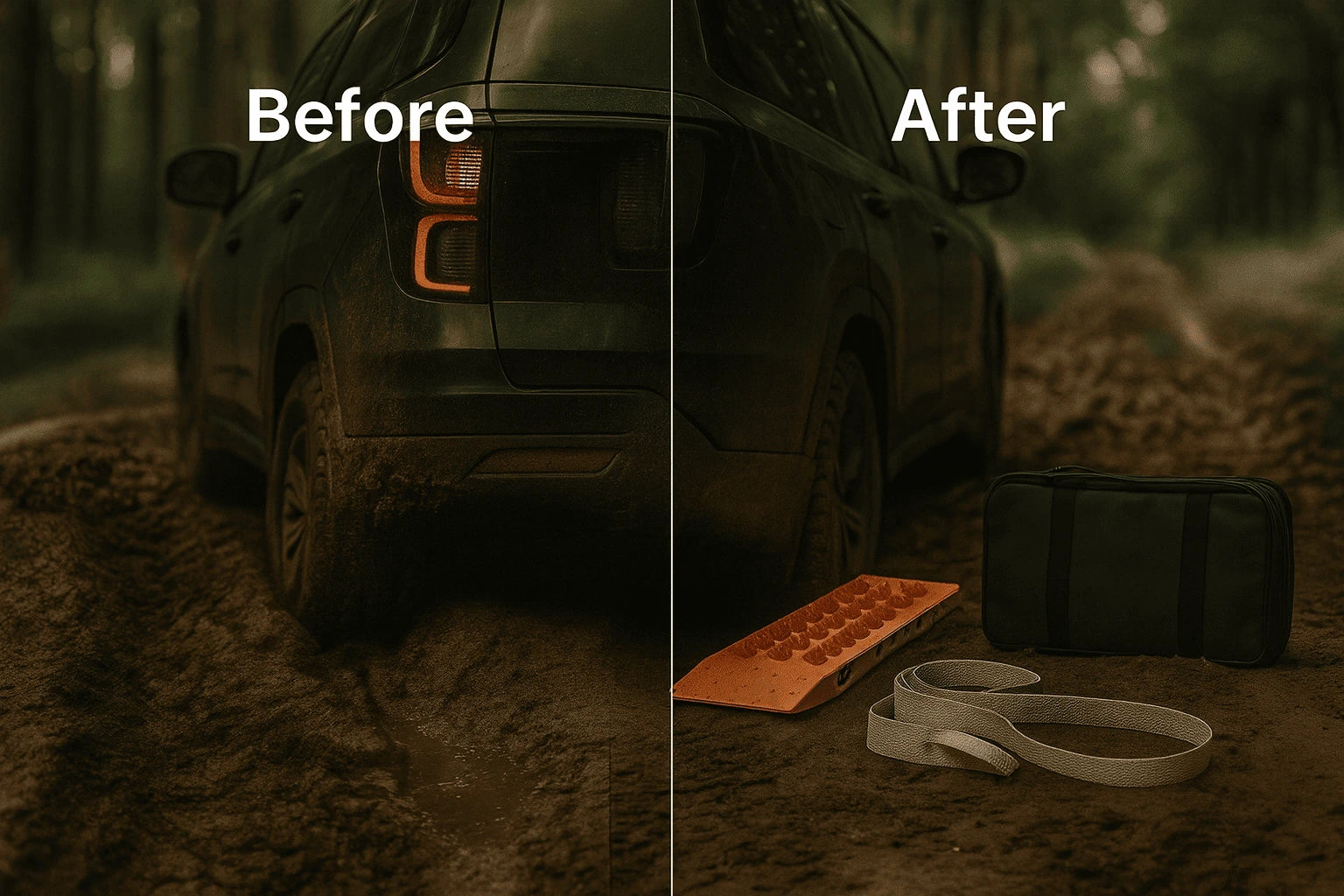 Comparison of a vehicle in a forest setting with 'Before' and 'After' labels.