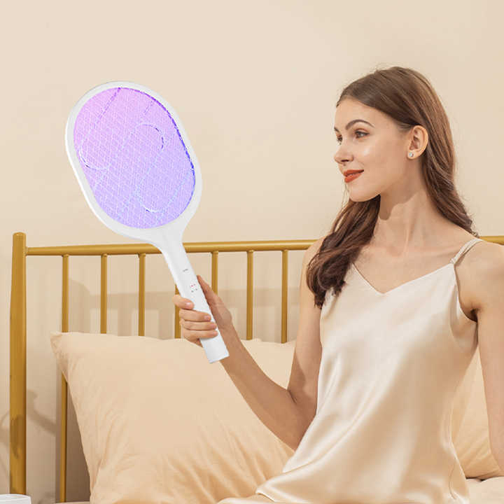 White Rechargeable Electric Mosquito Racket - 2-in-1 Mosquito Killer with Lithium Battery, Fly Swatter & Mosquito Zapper