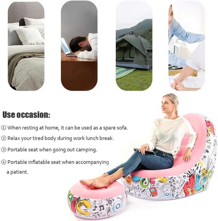 Blue Graffiti Portable Inflatable Sofa Chair with Ottoman