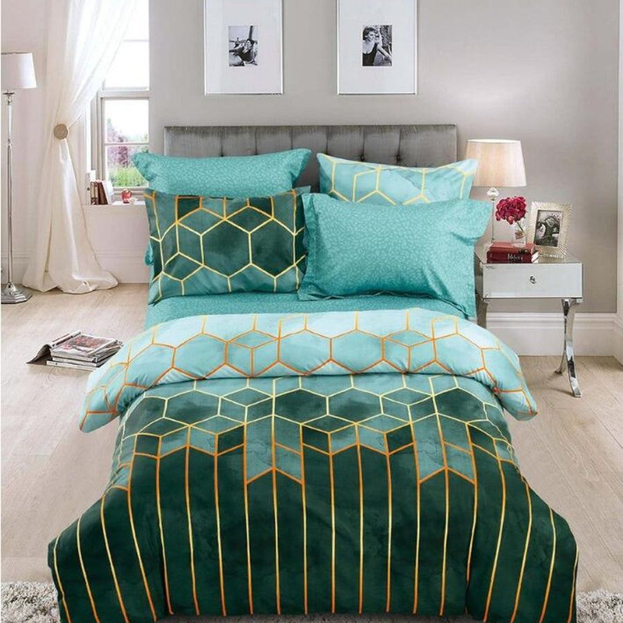 Geometric Print Duvet Cover - 3 Piece Green