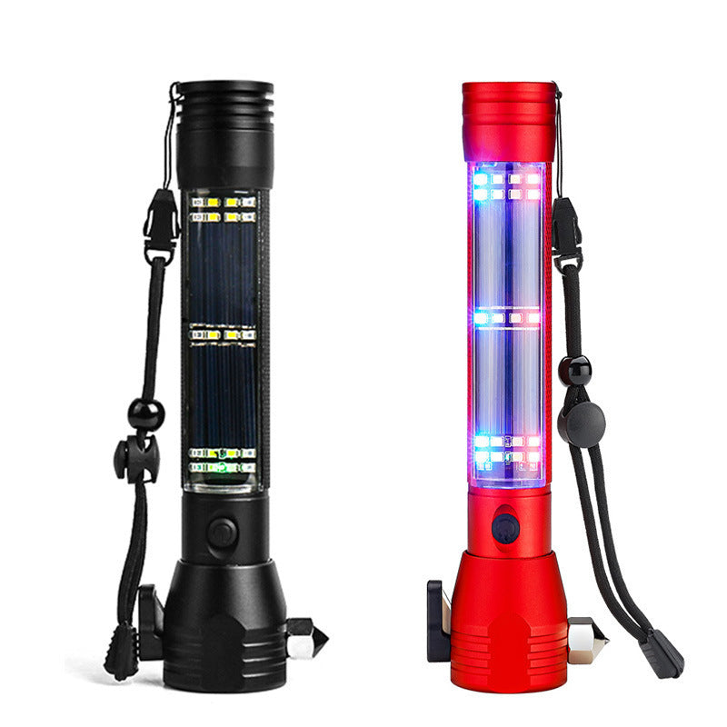 Black 8-in-1 Solar Powered Emergency Car Safety Hammer Flashlight - Window Breaker, Seatbelt Cutter, Alarm & Power Bank