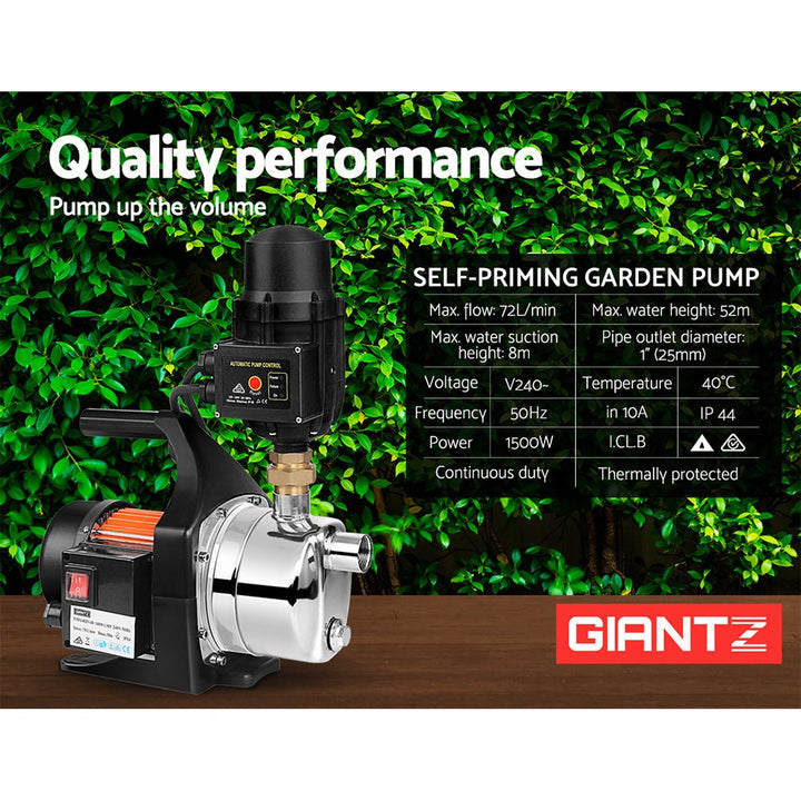 Giantz Garden Water Pump 1500W High Pressure Tank Rain Farm Irrigation Black - RoamAU