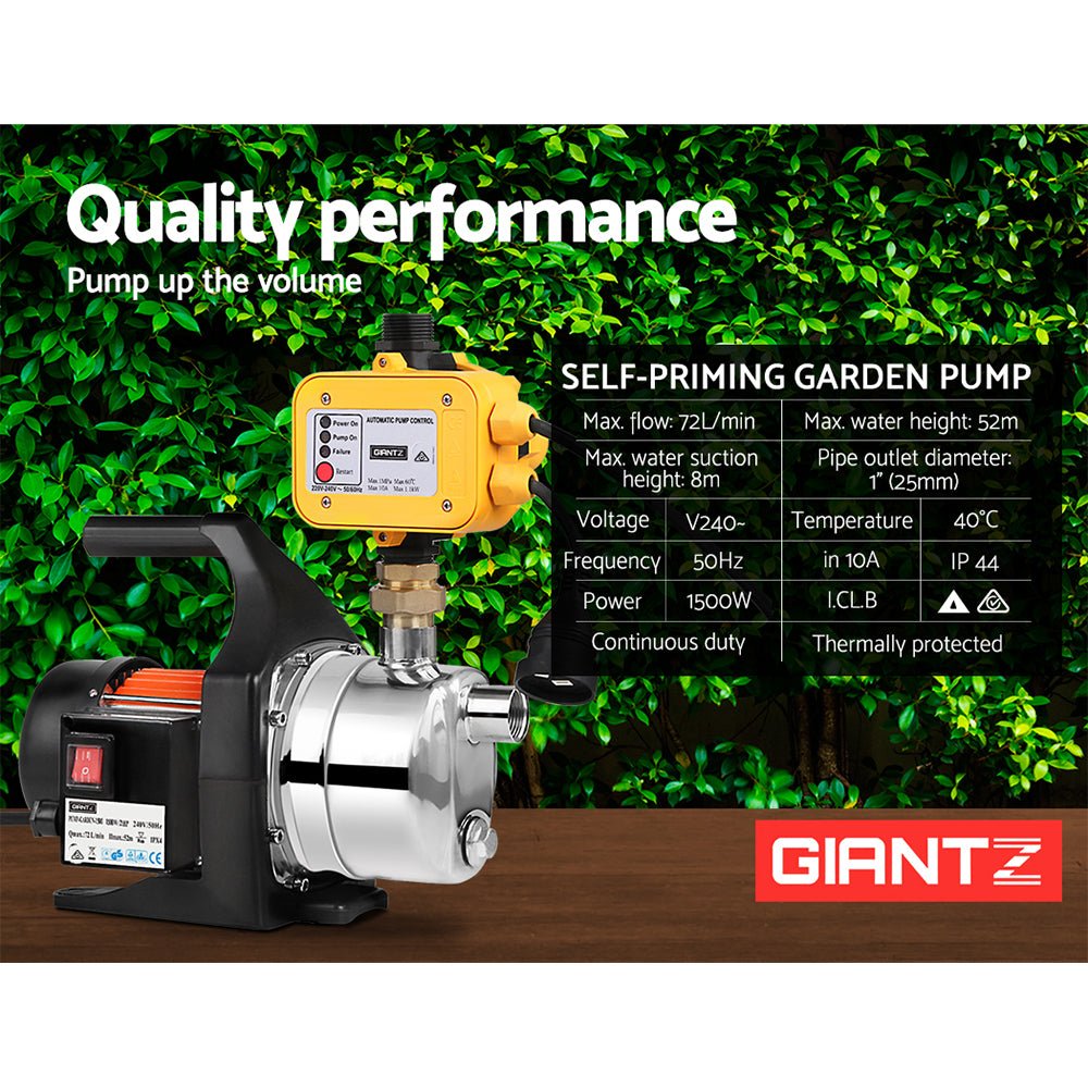 Giantz Garden Water Pump High Pressure 1500W Tank Rain Farm Irrigation House Yellow - RoamAU