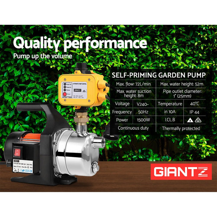 Giantz Garden Water Pump High Pressure 1500W Tank Rain Farm Irrigation House Yellow - RoamAU