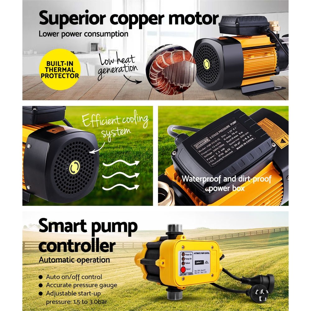 Giantz Garden Water Pump High Pressure 2500W 6 - Stage Tank Irrigation Yellow - RoamAU