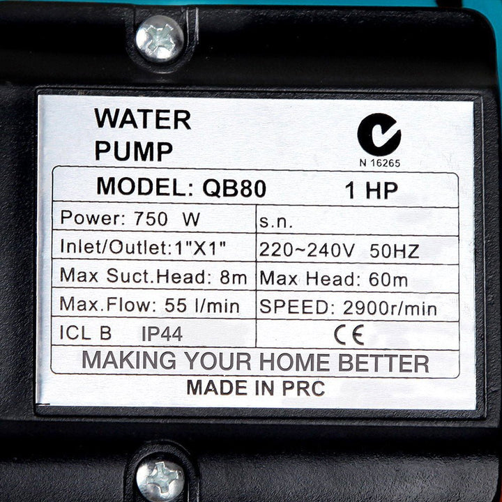 Giantz Peripheral Water Pump Garden Boiler Car Wash Auto Irrigation QB80 Yellow - RoamAU