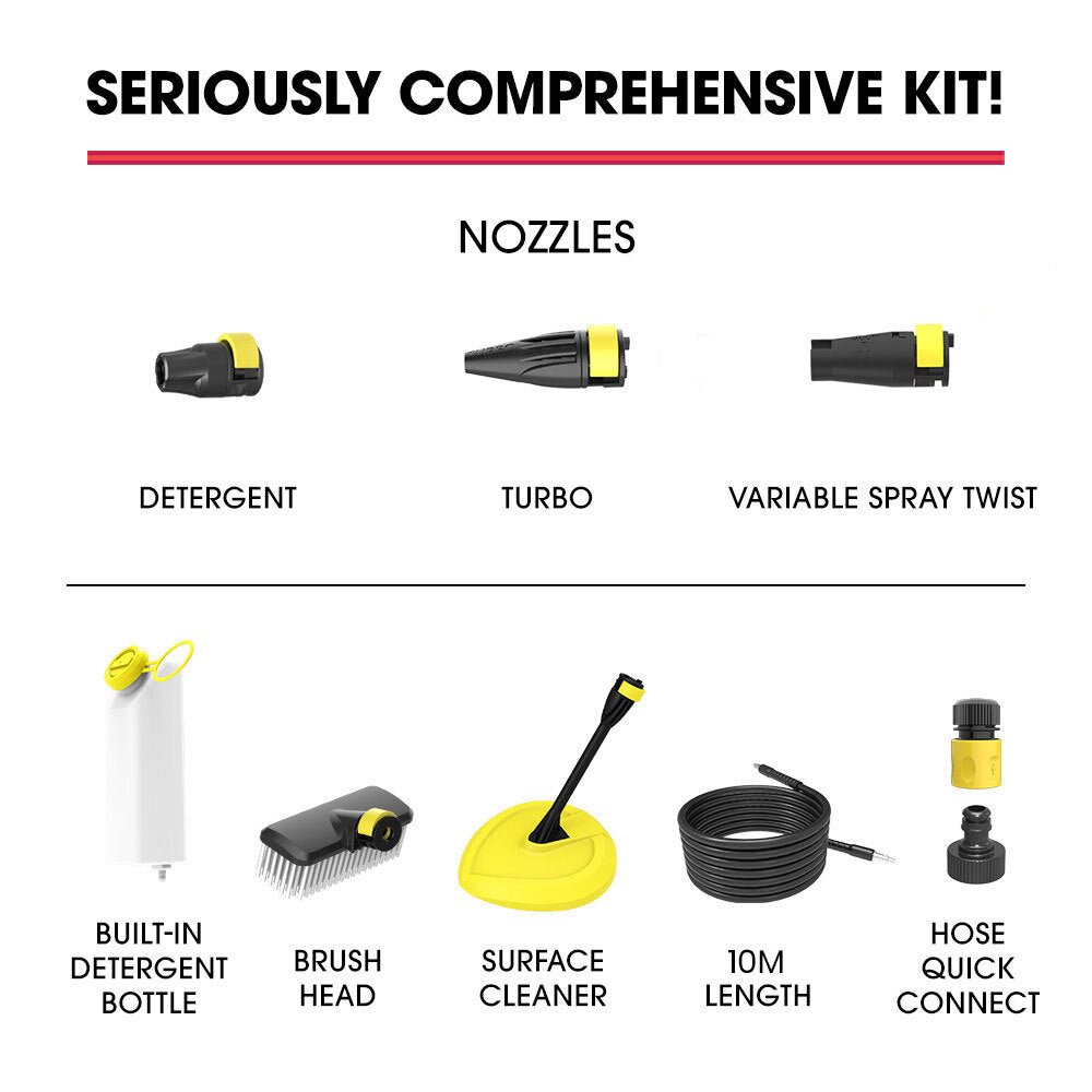 JET - USA RX540 Electric High Pressure Washer, 2800PSI 2 Nozzles, Brush Head, Deck Cleaner, Detergent Bottle, 10M Hose - RoamAU