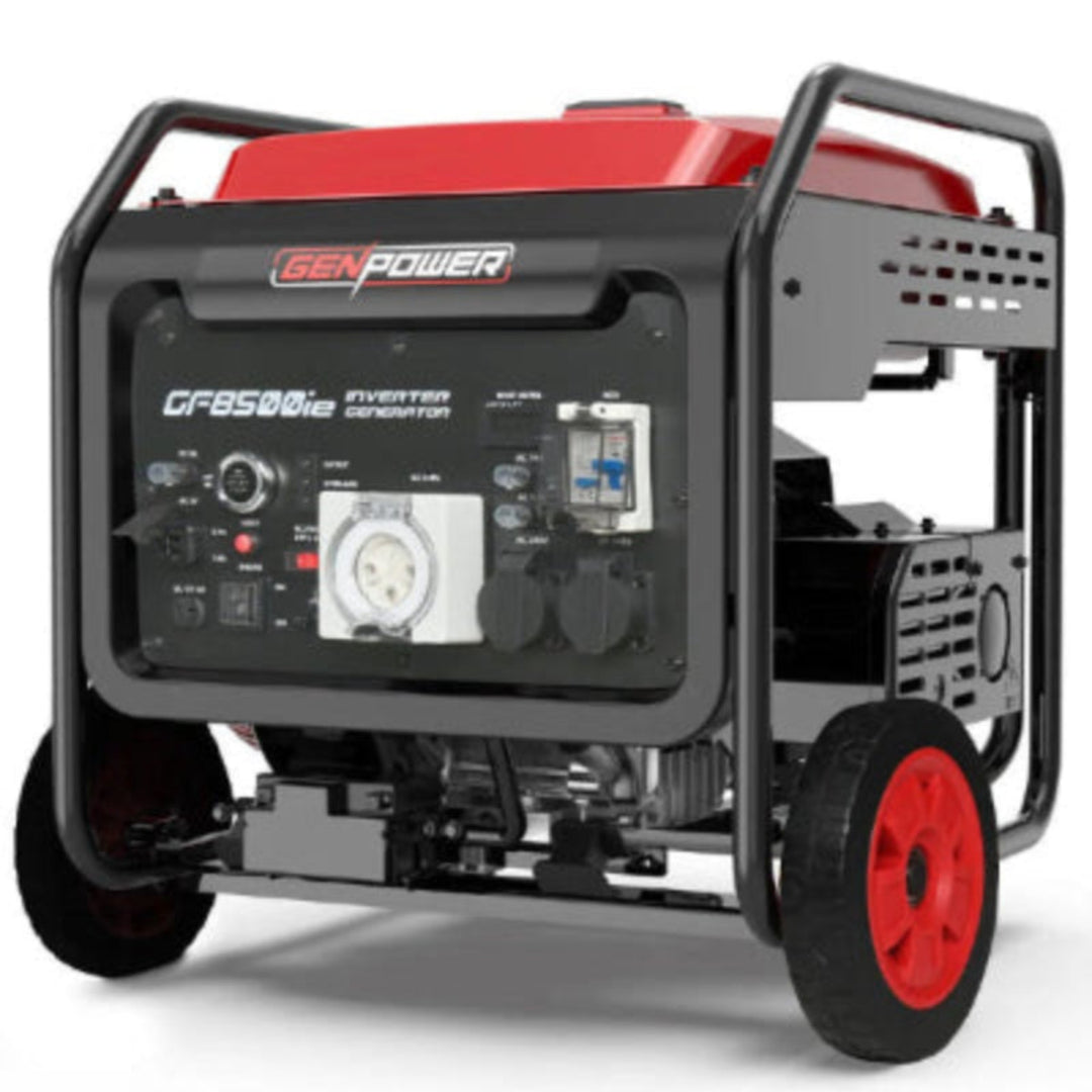 Portable generator with red and black design on a white background