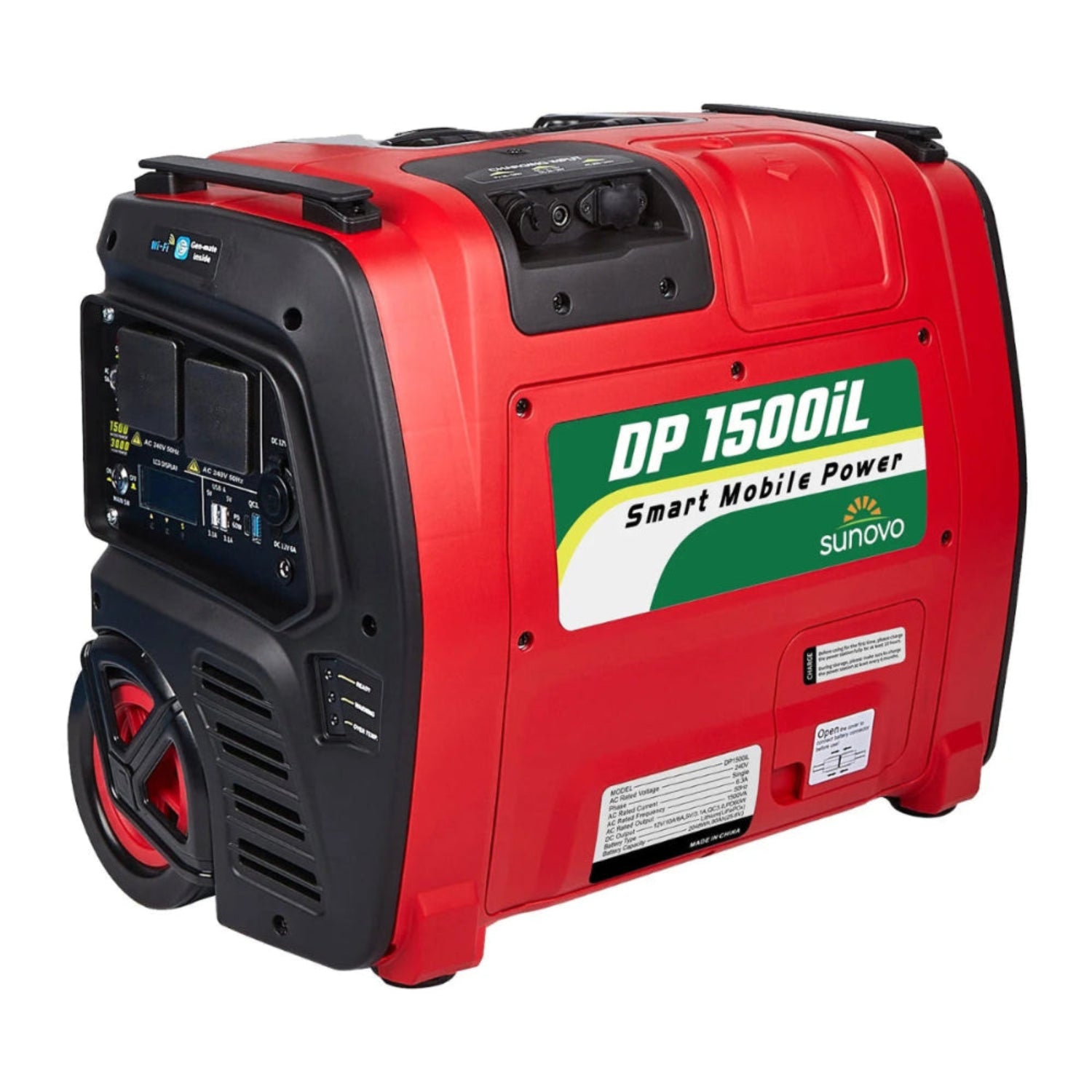 Red Sunovo DP 1500iL portable generator on a white background